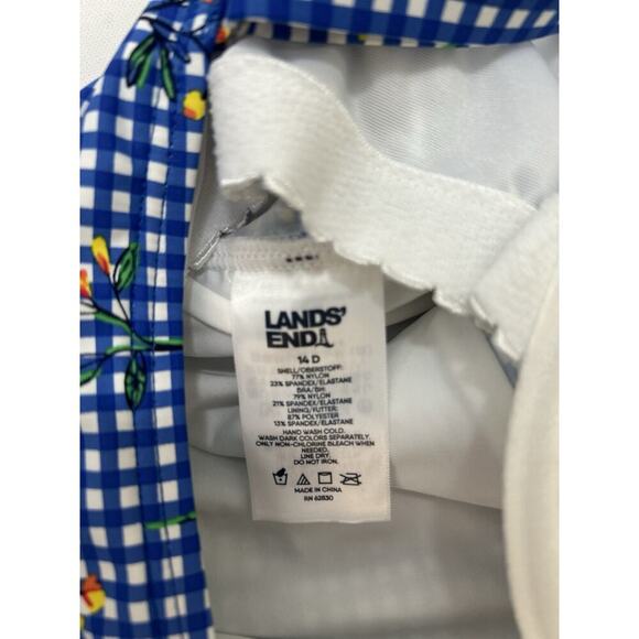 Lands' End Blue Gingham Floral Swim Top Underwire Tankini 14 D Cottagecore Sweet - Picture 2 of 9